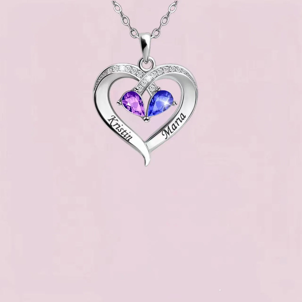 Women's heart necklace with two-tone water drop pendant and peach birthstone in electroplated copper