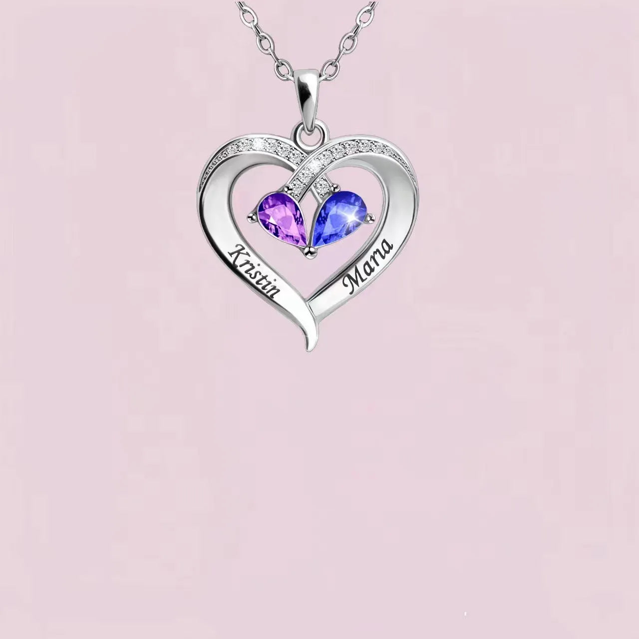 Women's heart necklace with two-tone water drop pendant and peach birthstone in electroplated copper