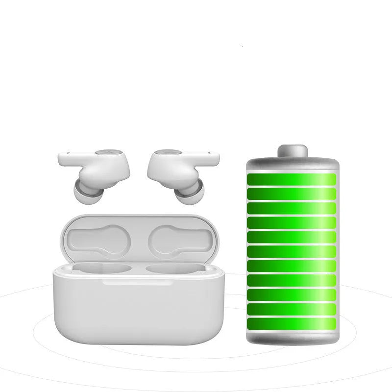 Pearl white and black true wireless Bluetooth sports headphones with USB charging cable.
