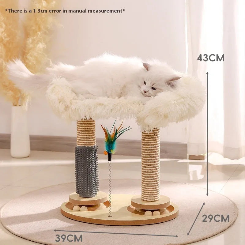 Solid wood cat scratching board toy with rotating turntable mechanism and felt mouse accessories