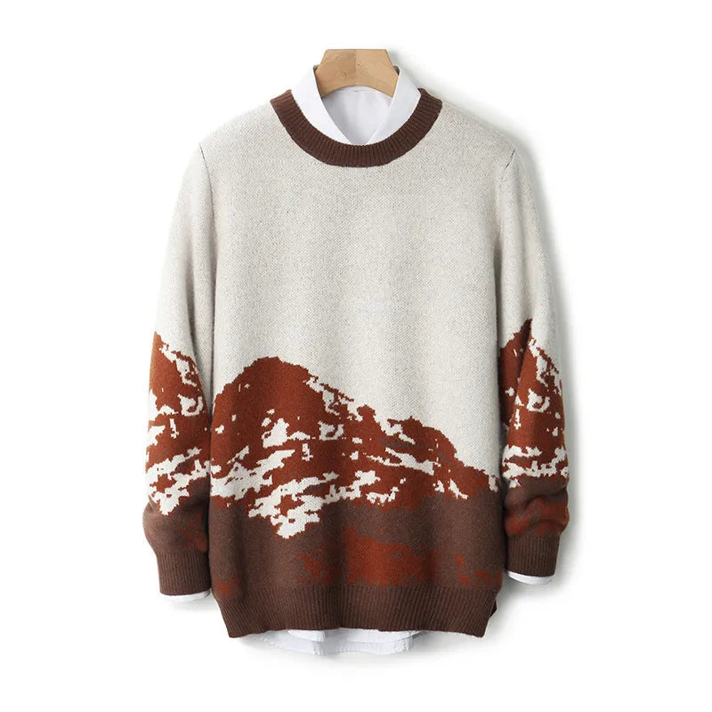 Men's loose wool knit pullover sweater in brown or blue, thickened casual top, sizes S to XXXL