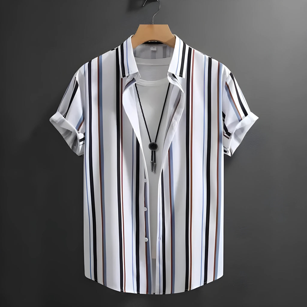 Men's striped short sleeve shirt with stand collar in loose cardigan style