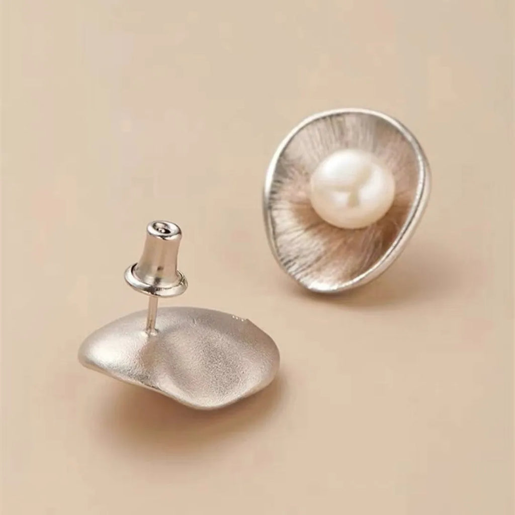 Gold colour pearl geometric sterling silver needle ear studs for women