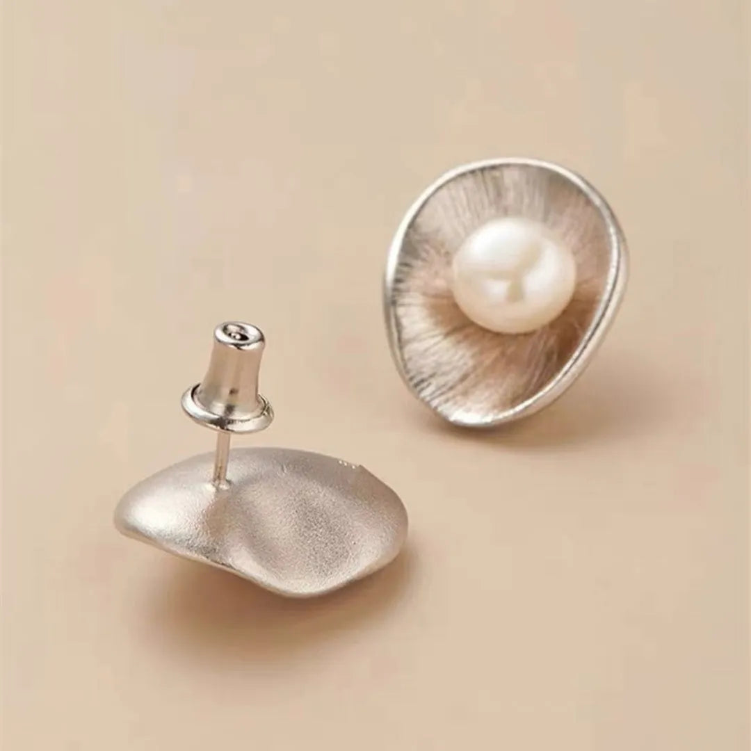 Gold colour pearl geometric sterling silver needle ear studs for women