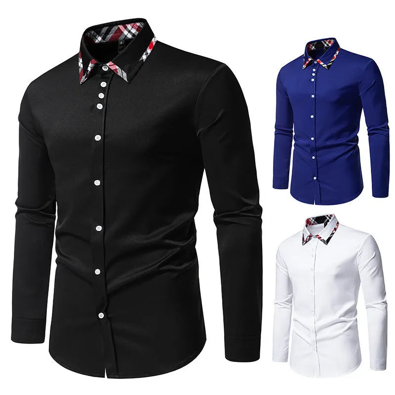 Men's black plaid shirt with a triangle collar and long sleeves in a cardigan style.