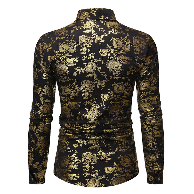 Men's lapel shirt with metallic bronzing print in wine red, showcasing cardigan style and long sleeves.