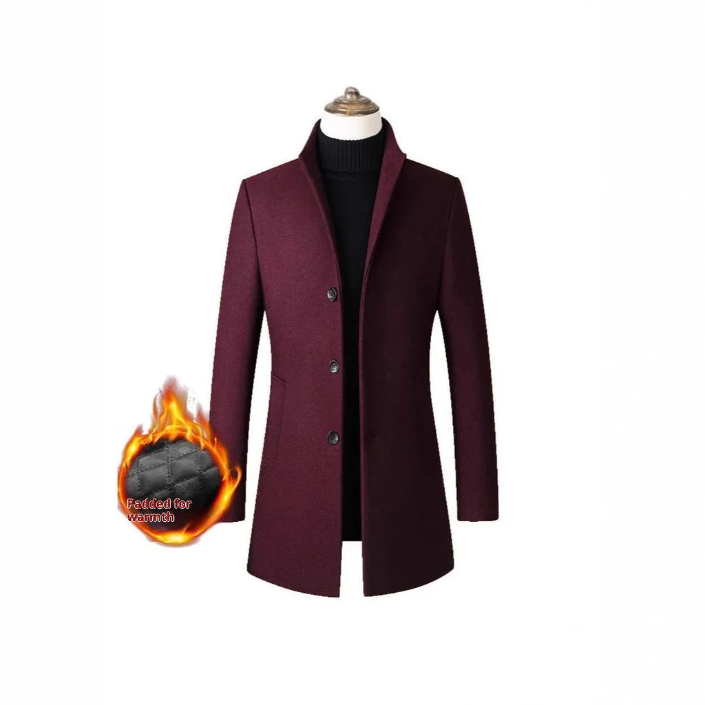Men's single-breasted stand collar coat in solid colour with side pockets, wool-blend fabric, available in multiple colours and sizes