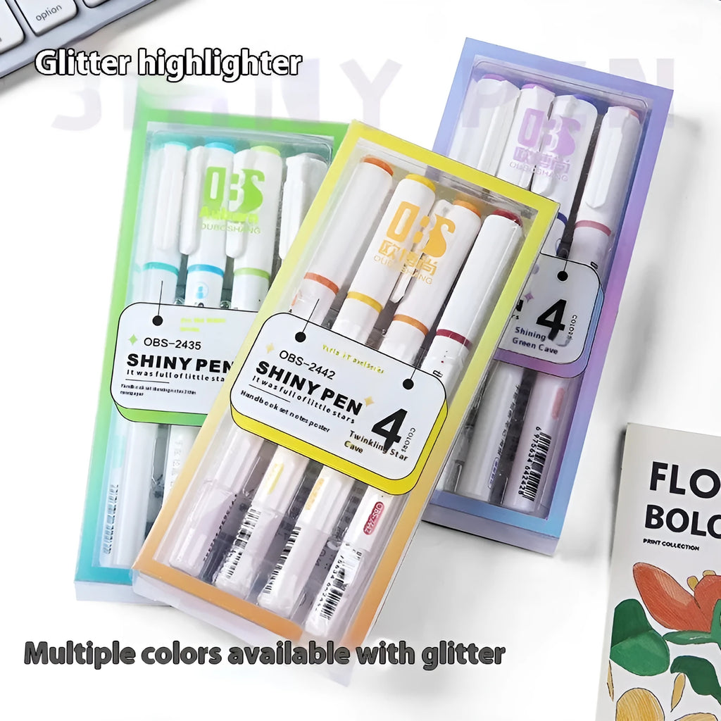 Set of four glitter highlighter pens in various colours showing slanted 4mm tips.