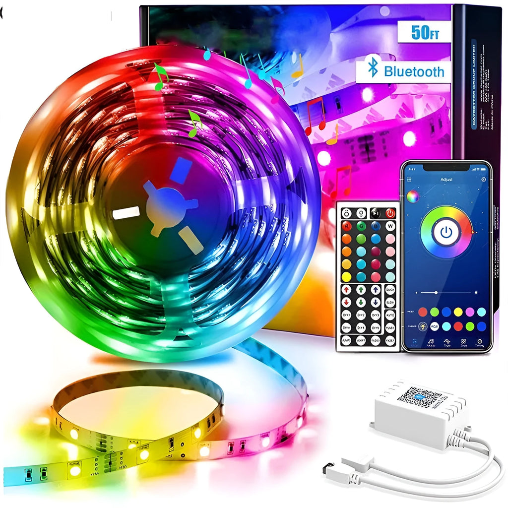 Bluetooth controlled RGB LED light strip with remote, showing colour change options.