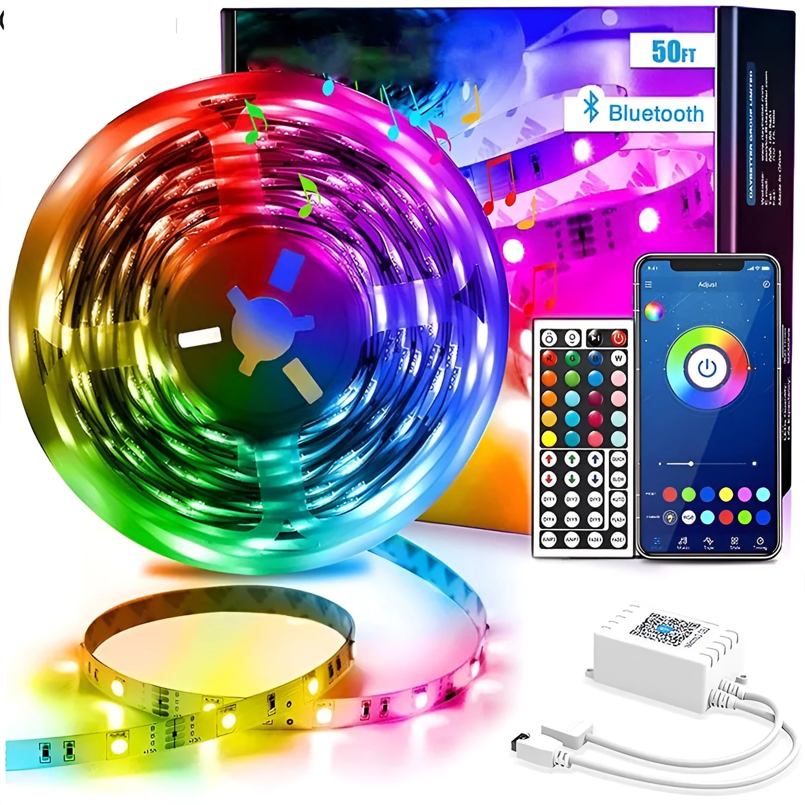 Bluetooth controlled RGB LED light strip with remote, showing colour change options.