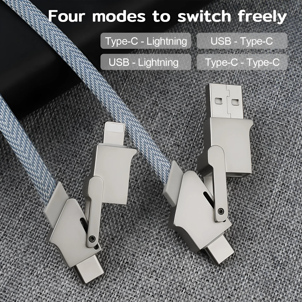 120W six-in-one fast charge data cable in black with zinc alloy connectors for PD27W charging on white background