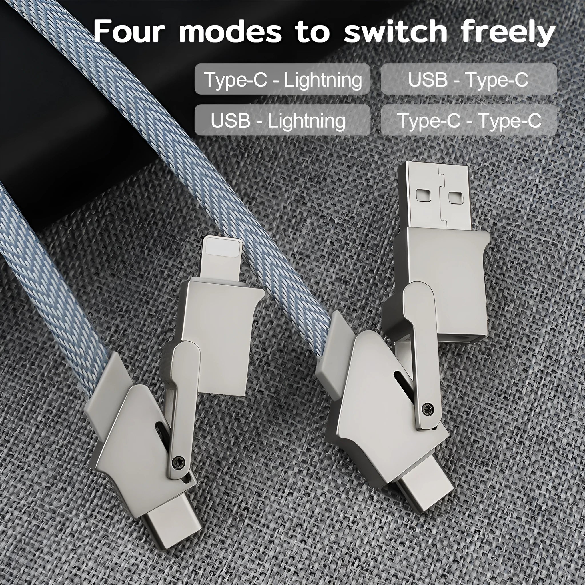 120W six-in-one fast charge data cable in black with zinc alloy connectors for PD27W charging on white background