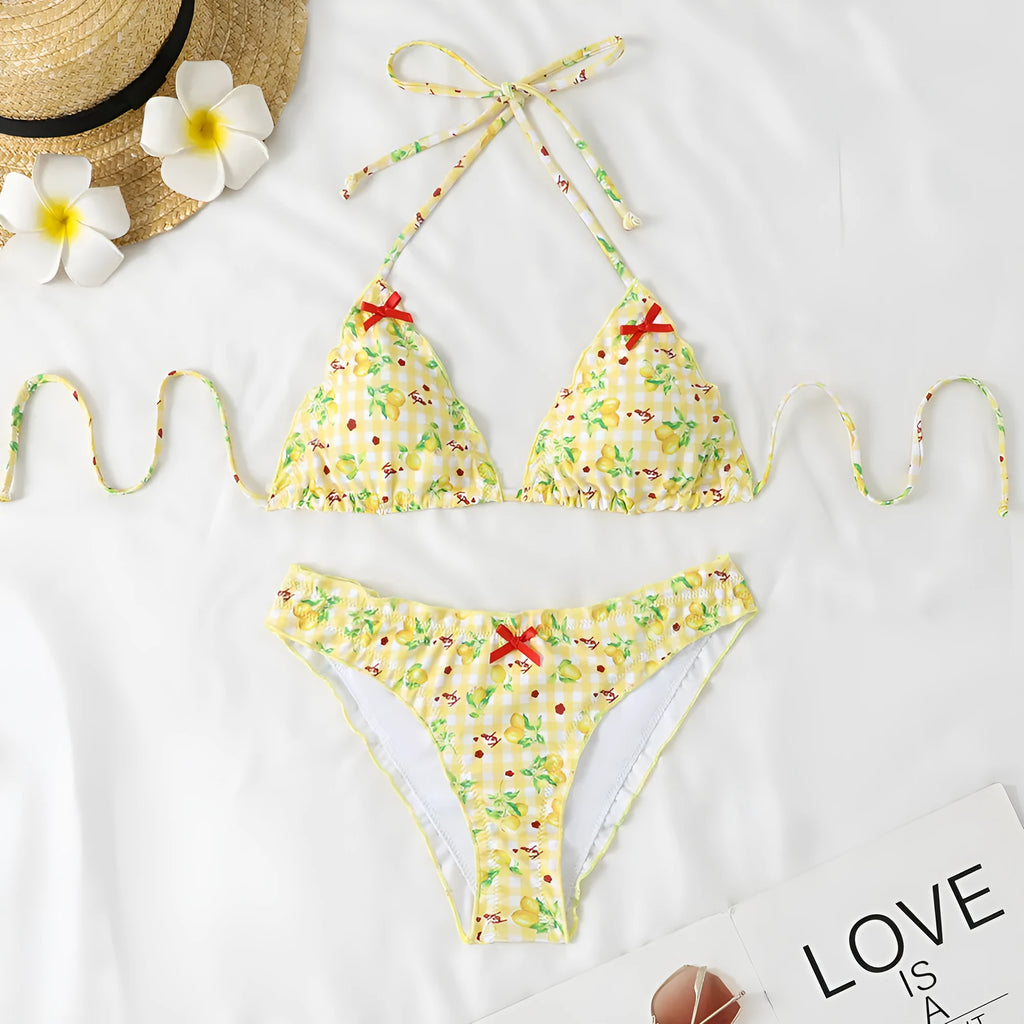 Floral backless split high-elasticity nylon bikini swimsuit for women