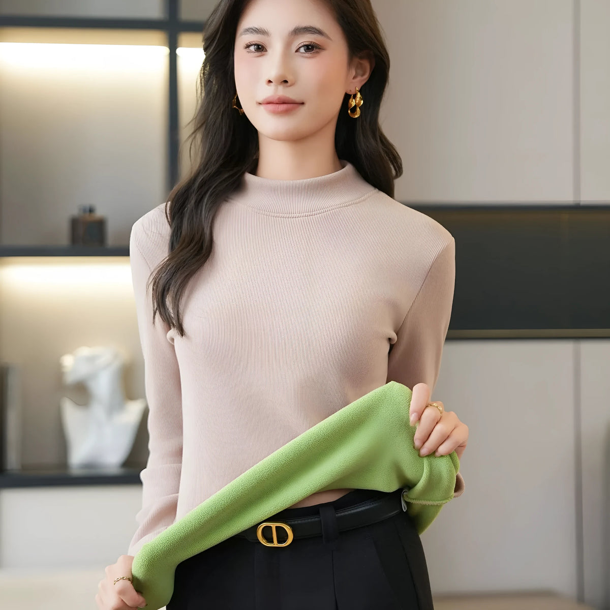 Women's fleece-lined thickened bottoming shirt with half high neck and long sleeves, six colours, sizes M to 4XL.