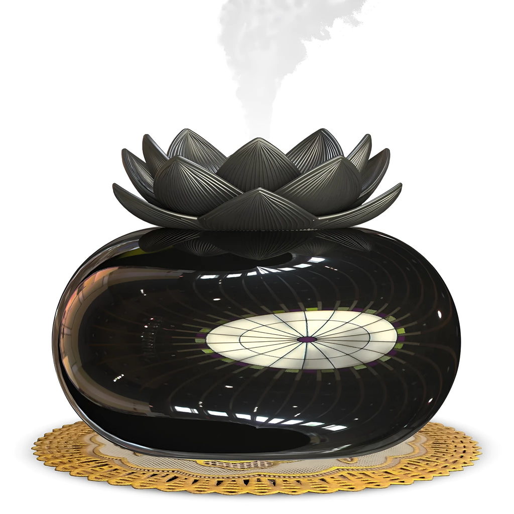 Pure black round Lotus aromatherapy humidifier with USB cable on a wooden surface.