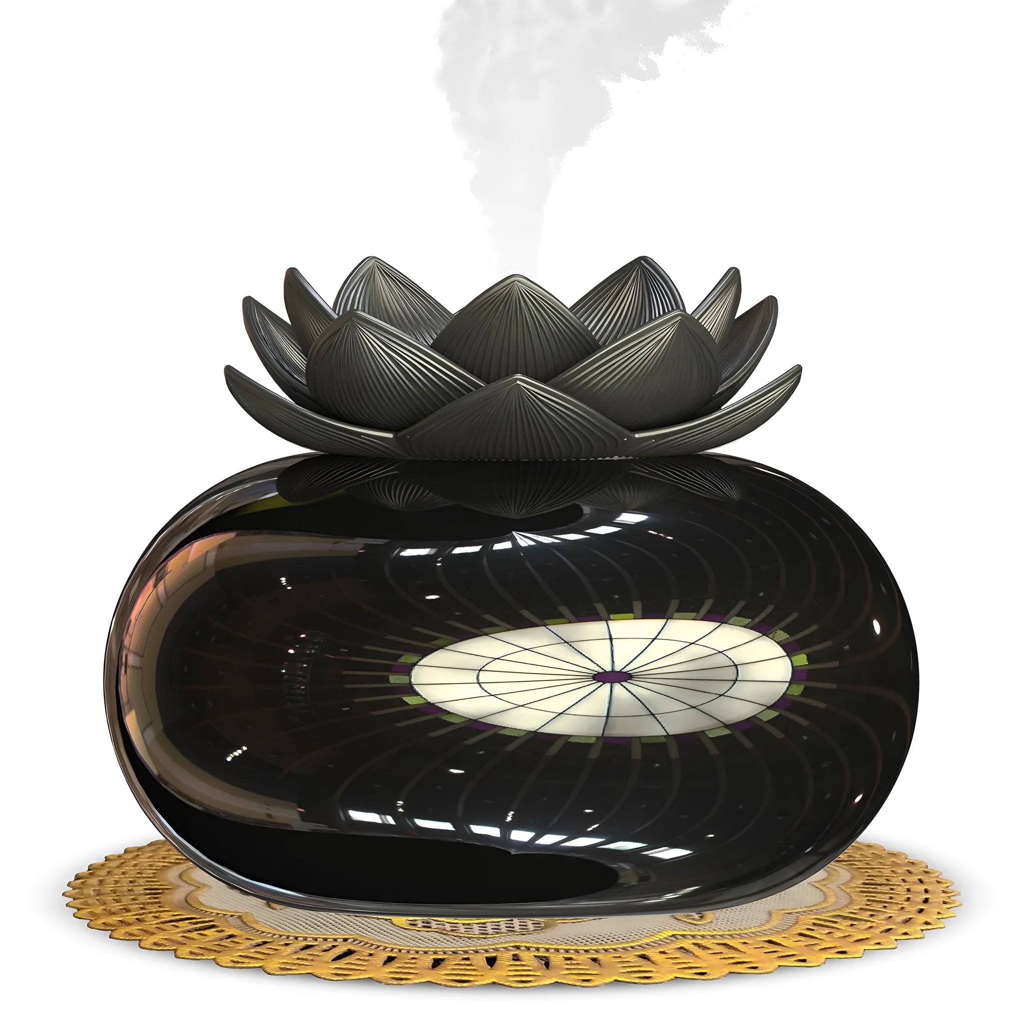 Pure black round Lotus aromatherapy humidifier with USB cable on a wooden surface.