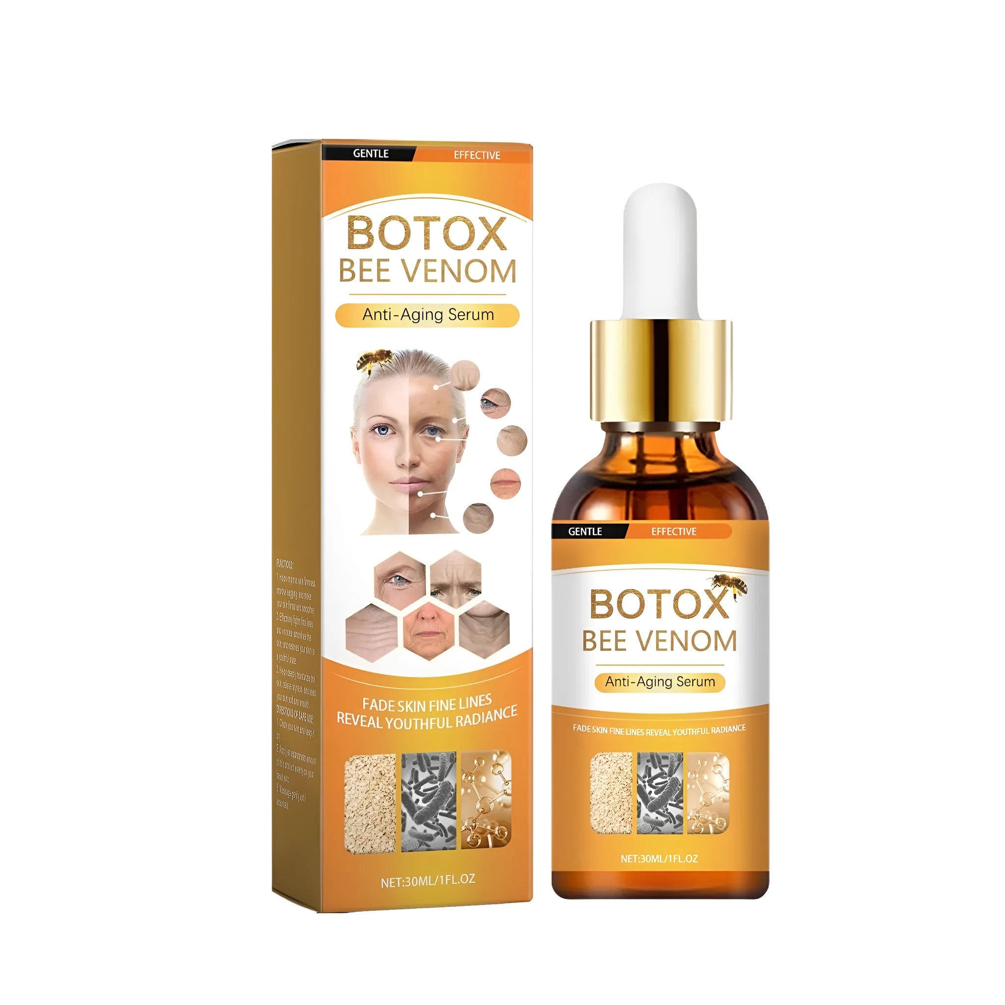 30ml anti-aging serum bottle with hyaluronic acid, bee venom, and botulinum for facial skincare