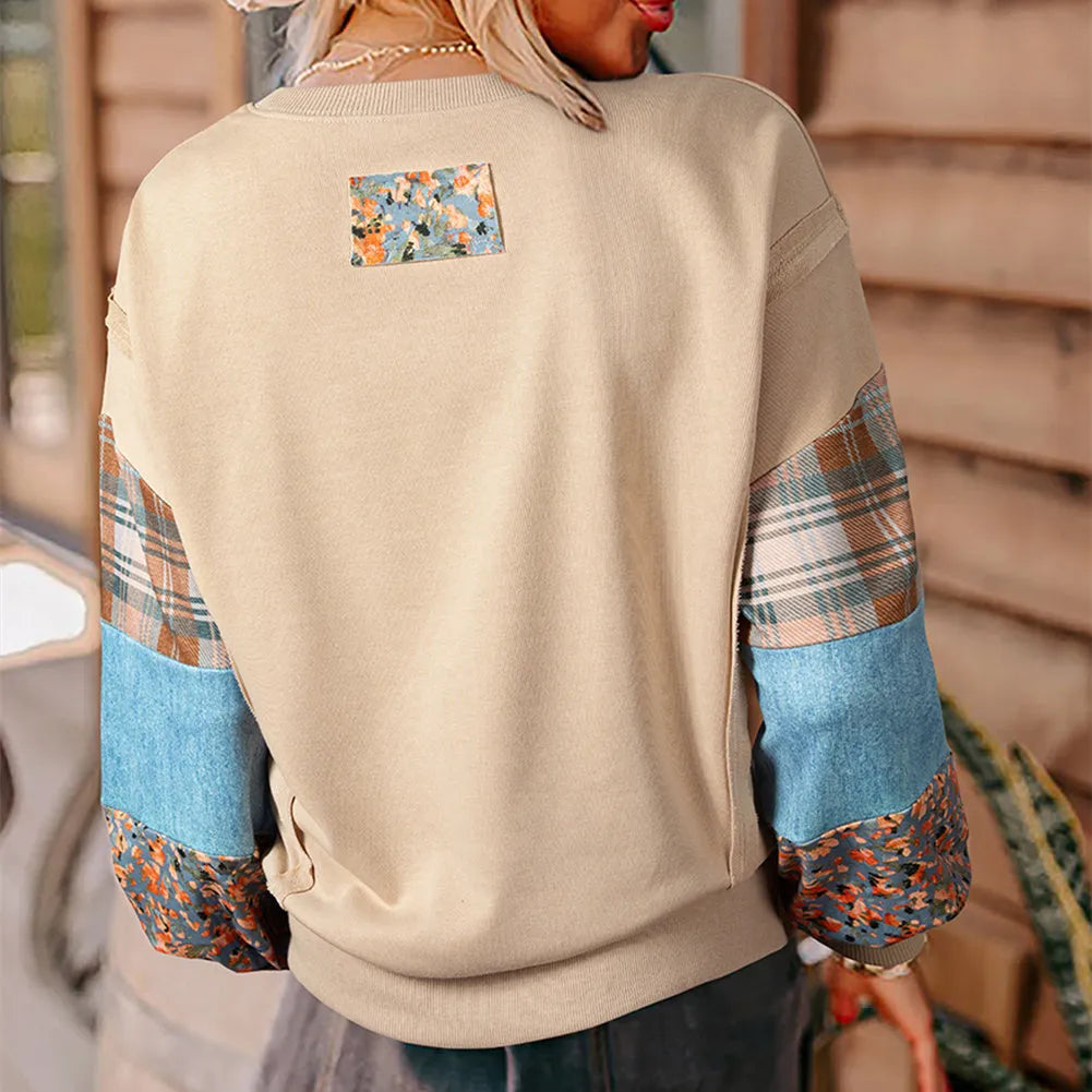 Beige and red plaid stitching women's long-sleeved loose-fit polyester top.