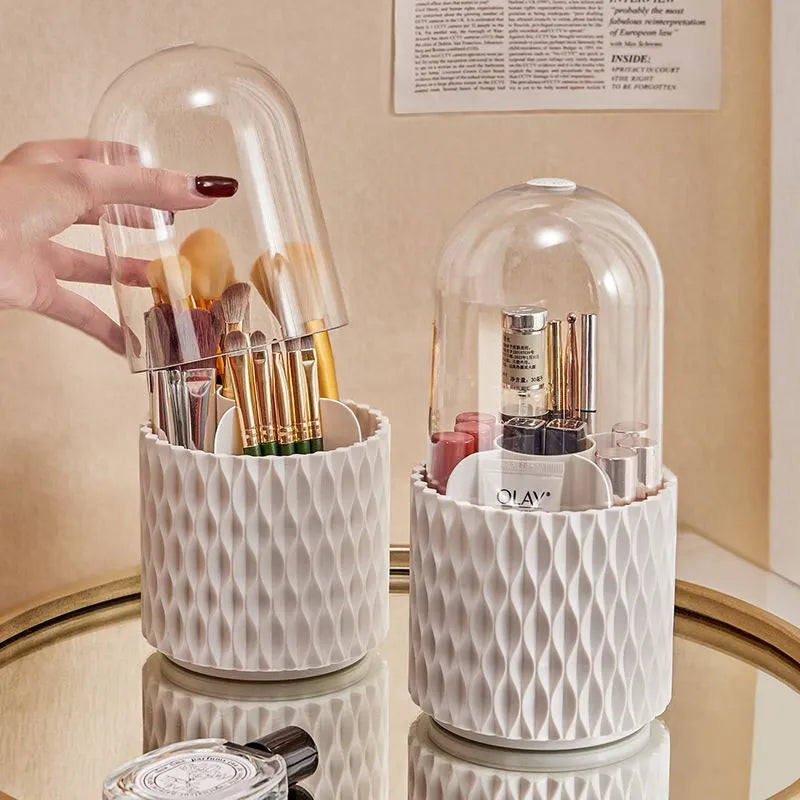 White rotating transparent makeup brush holder with dustproof lid on desktop