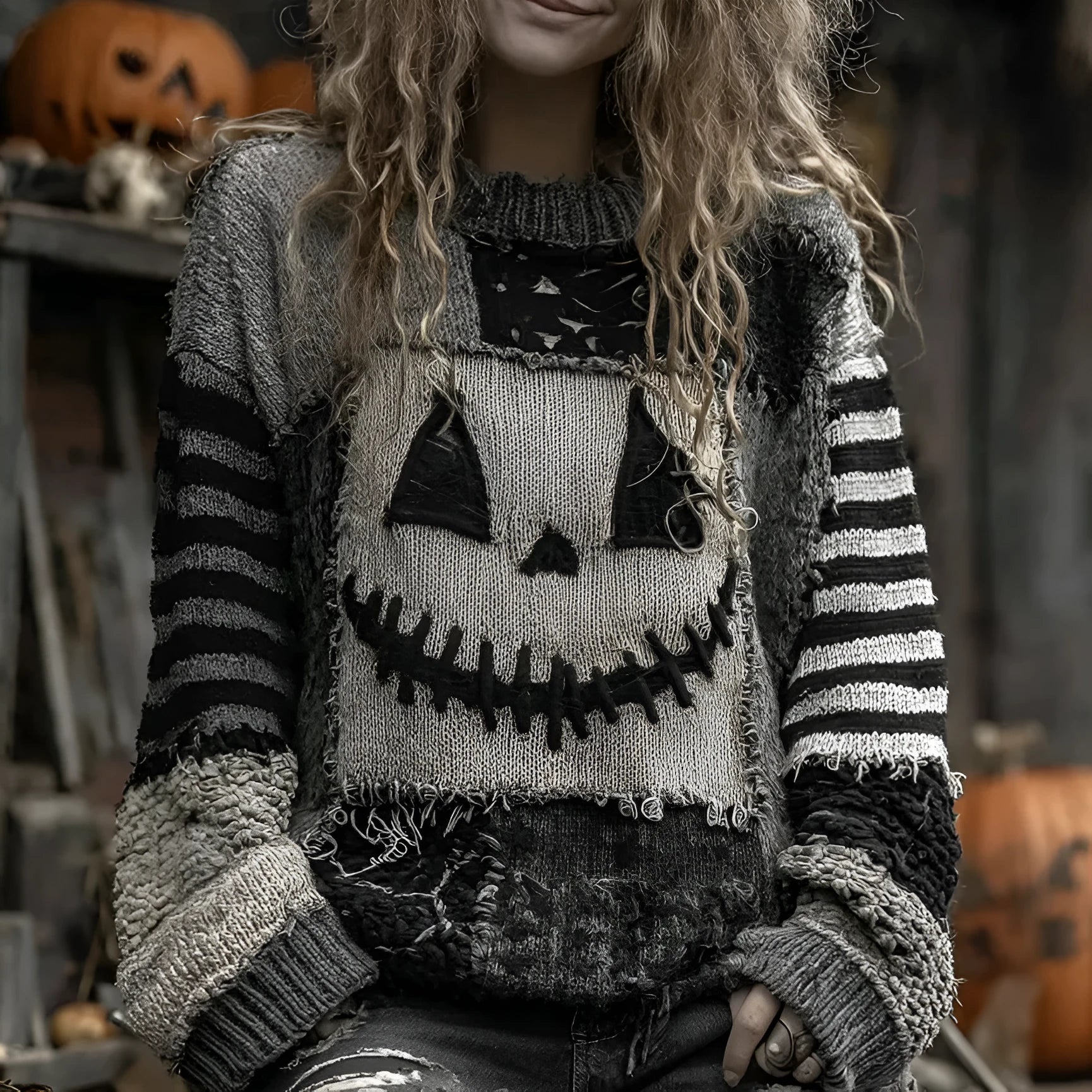 Digital printed women's pullover sweater in loose fit with 3D pattern, round neck, and long sleeves