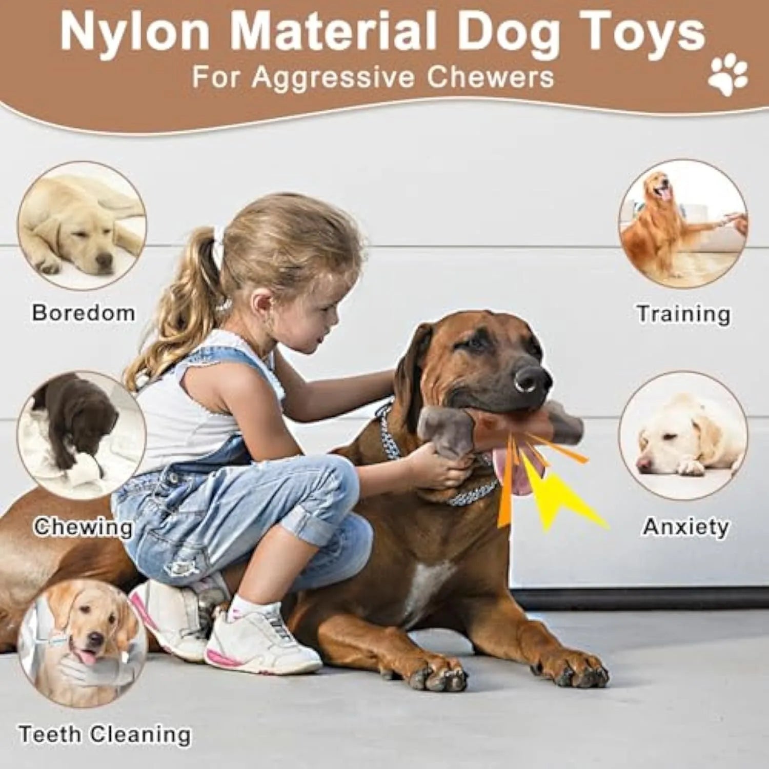 A brown, branch-shaped durable nylon dog chew toy with texture, suitable for large aggressive chewing dogs.