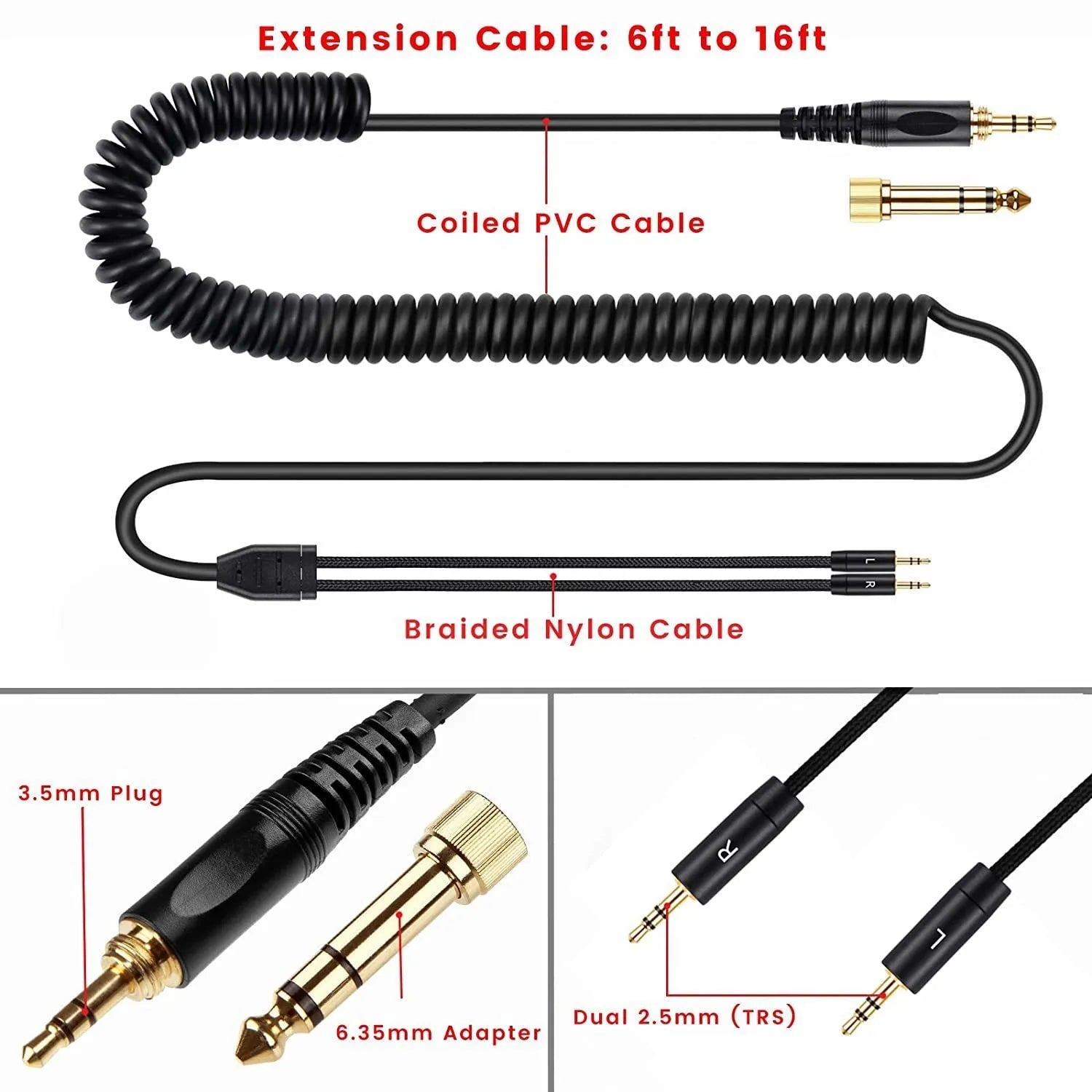 Black headset cable with dual 25mm plugs for HE400i He560 headphones, 1.8m length
