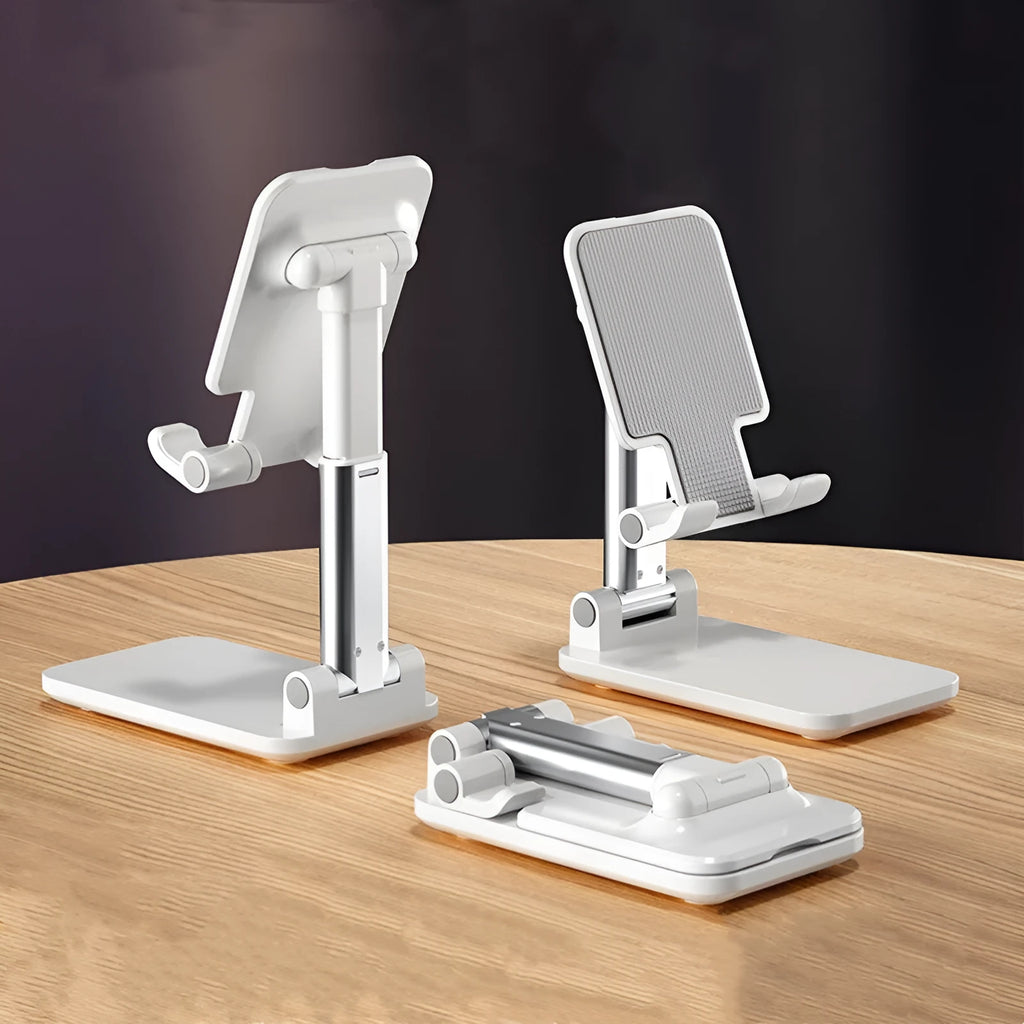 Folding telescopic mobile phone bracket in white colour with extended arms