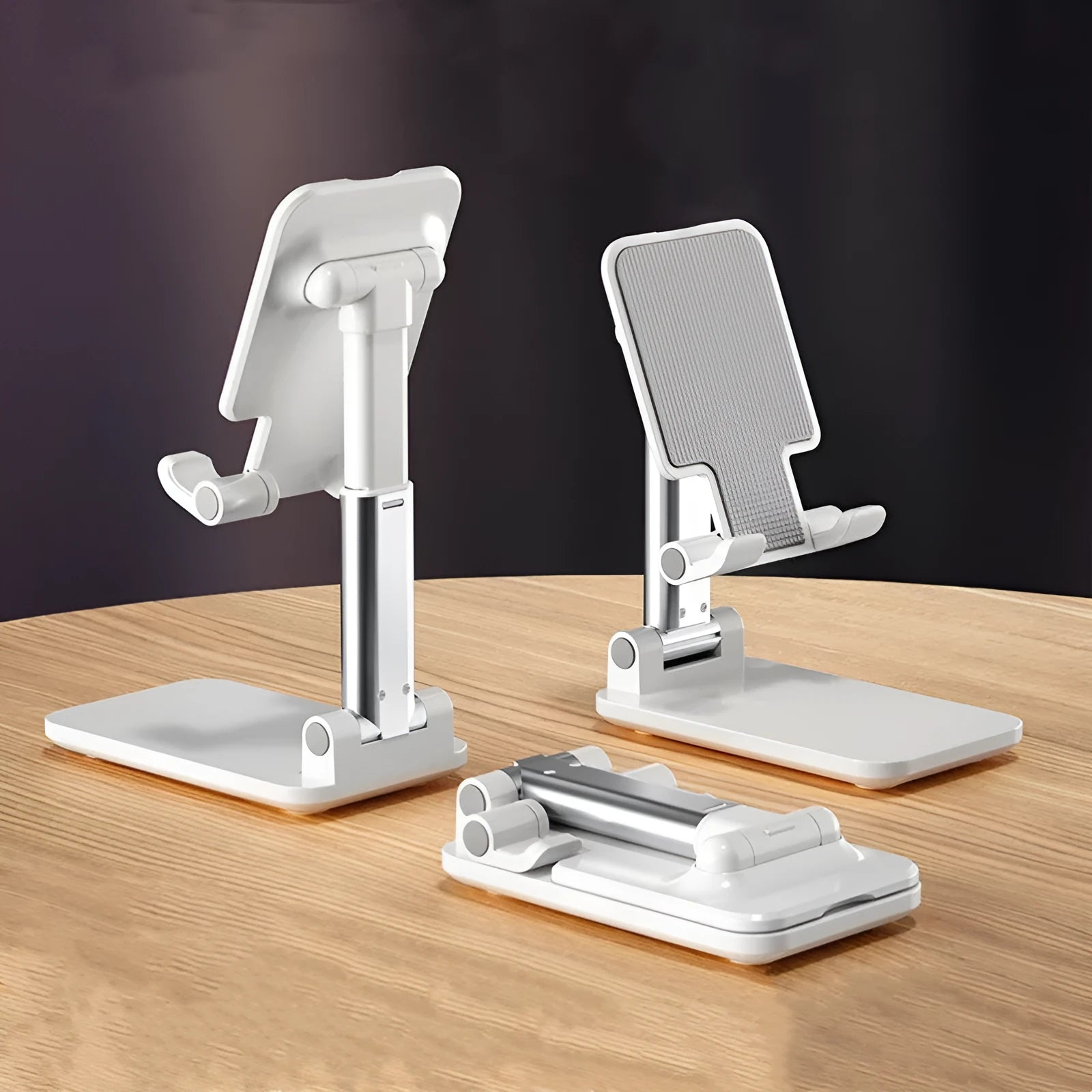 Folding telescopic mobile phone bracket in white colour with extended arms