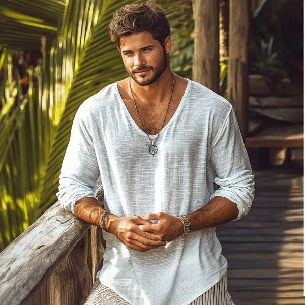 Beige V-neck long-sleeved T-shirt with slim fit design on hanger