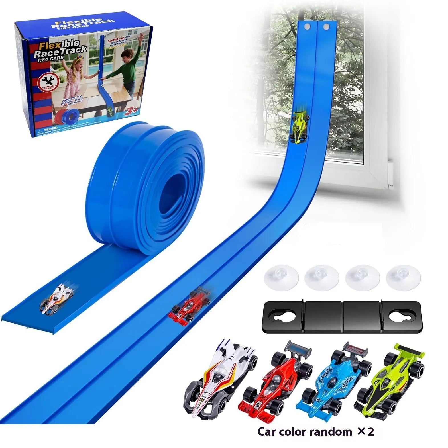 DIY double rail car PVC soft track set with anti-gravity magnetic rails in blue