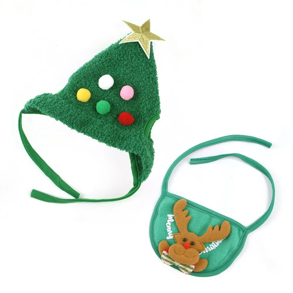 Christmas pet costume with velvet hat and bib in red, green, and white antler options, sizes S and M