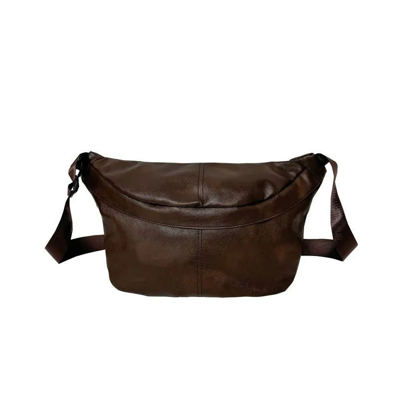 Retro brown men's crossbody bag showing 50cm width and PU construction with adjustable strap