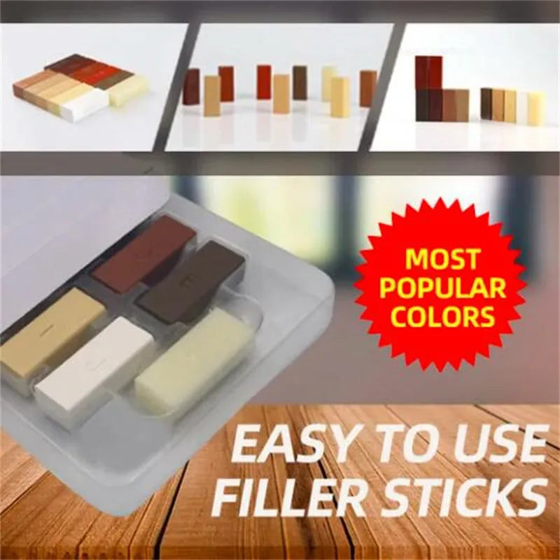 Floor repair tool kit with plastic handles and wax sticks for tile restoration
