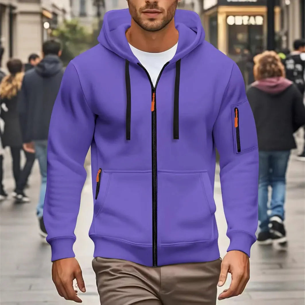 Man wearing a zip-up hooded cardigan coat in Army Green colour with wool lining.