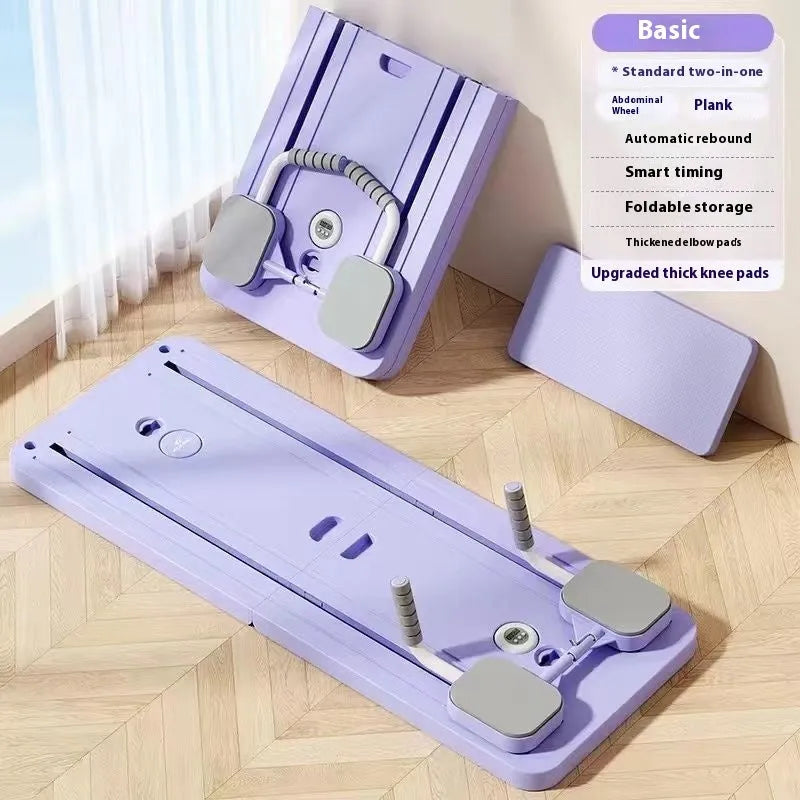 Standard purple PP plastic fitness board with integrated automatic rebound abdominal wheel.