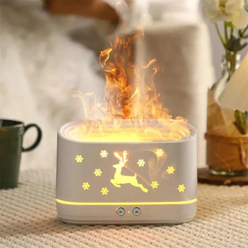 White round elk flame humidifier diffuser with USB cable, showing flame effect from mist and light on a desk