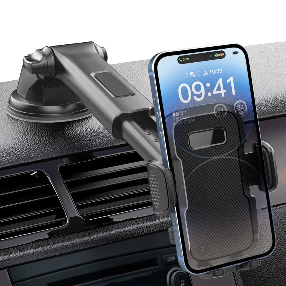 Black plastic car mobile phone bracket with suction fixing and universal support frame for in-car navigation.