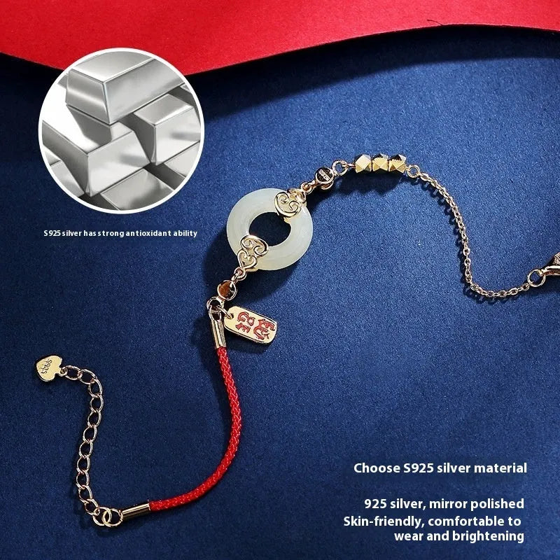 Hetian jade gourd bracelet, necklace, and earrings set in sterling silver with Fu Lu symbols.
