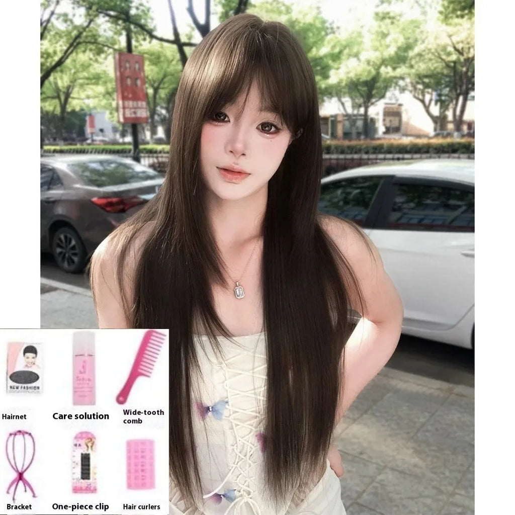 Brown black high-temperature fibre synthetic wig with seven-piece volume construction