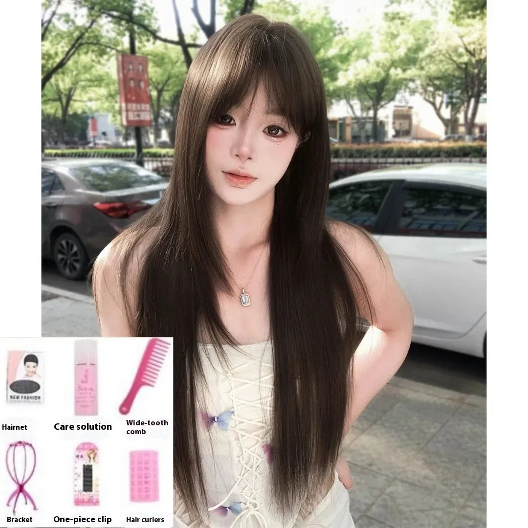 Brown black high-temperature fibre synthetic wig with seven-piece volume construction