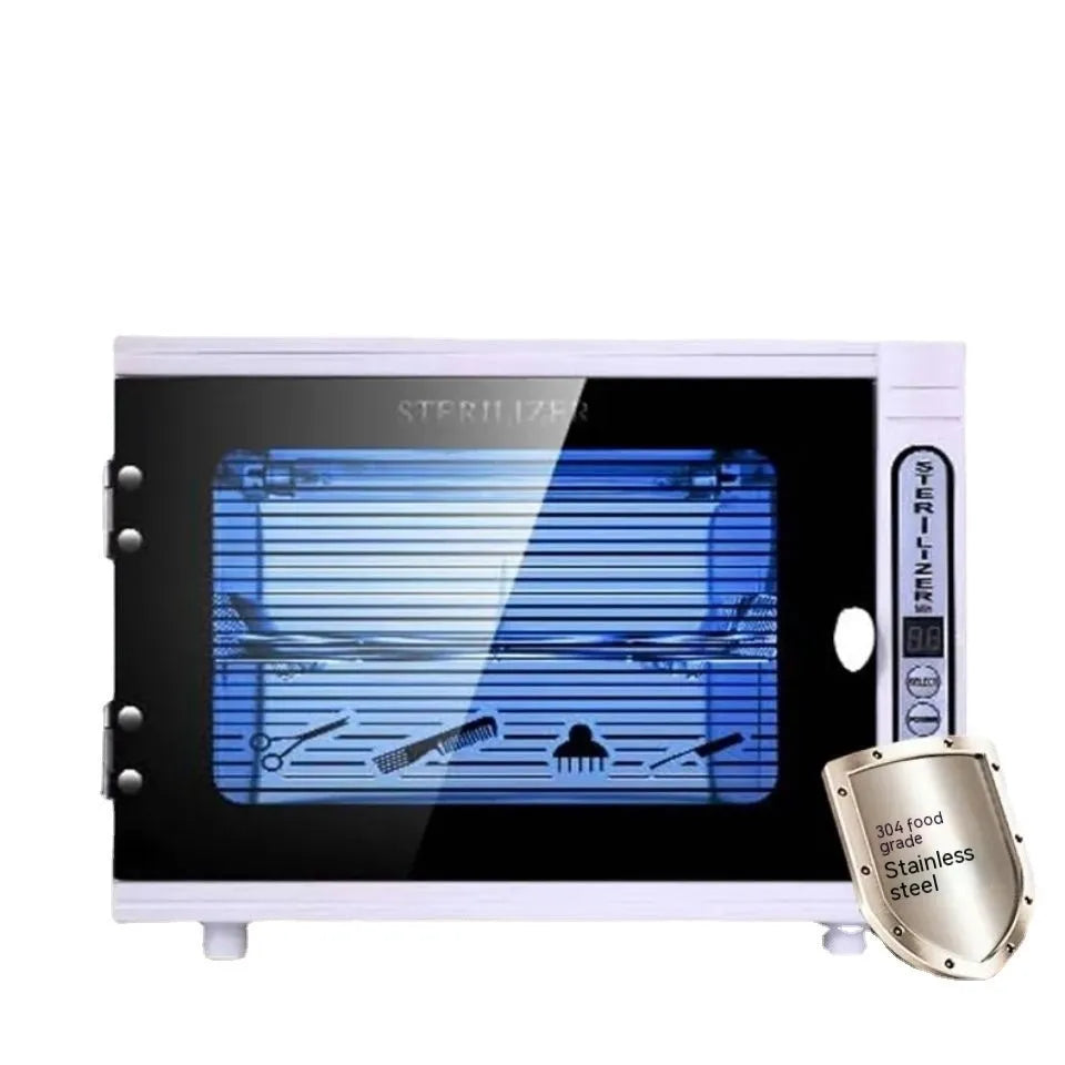 Compact silver UV steriliser with stainless steel chamber for salon tools.
