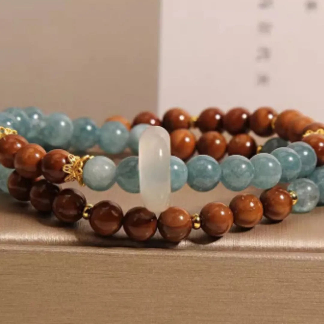 Double ring bracelet for women in cook blue water jade colour with natural crystal semi-precious stone and electroplated geometric round design