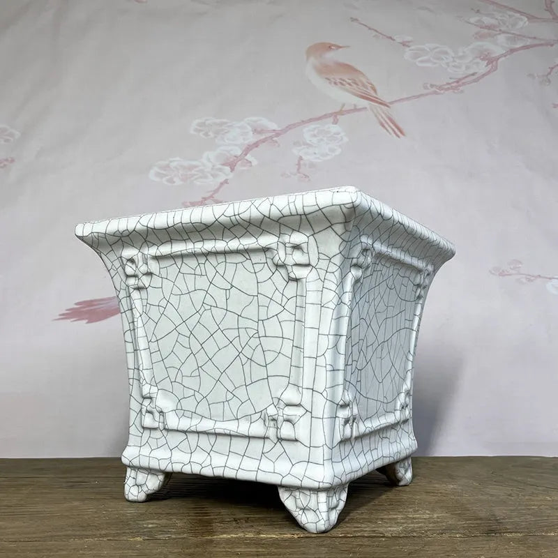 27cm square ceramic orchid pot with glazed retro red or white ice crack finish