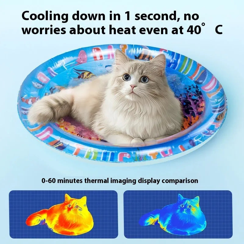 PVC inflatable pet water cooling mattress with aquatic designs for summer use