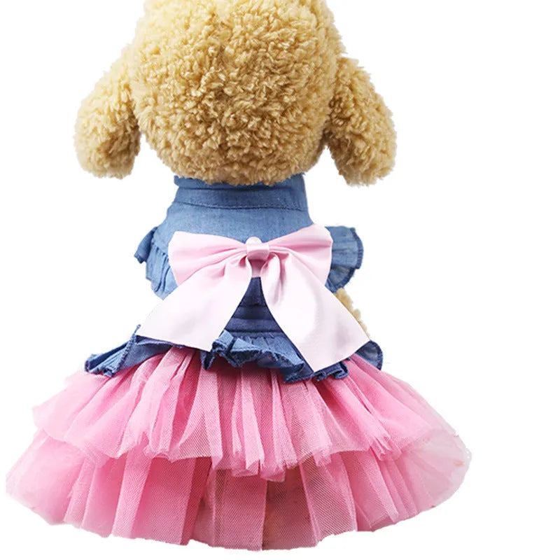 Korean-style denim pet skirt with a bow, shown in pink and white.