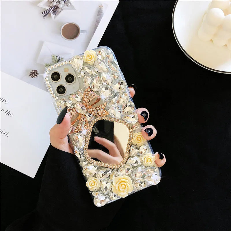 Handmade silicone phone case with rhinestone mirror diamond bow flower design in aura bright white flower for iPhone