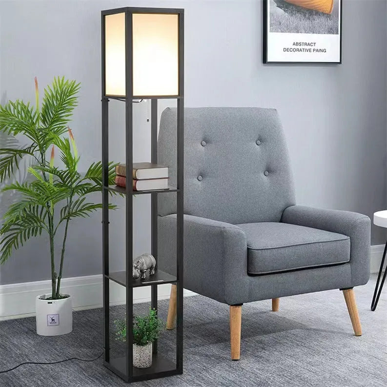 Black multifunctional floor lamp with charging shelf, fabric shade, wood body, D260 x H1600 mm, LED living room light