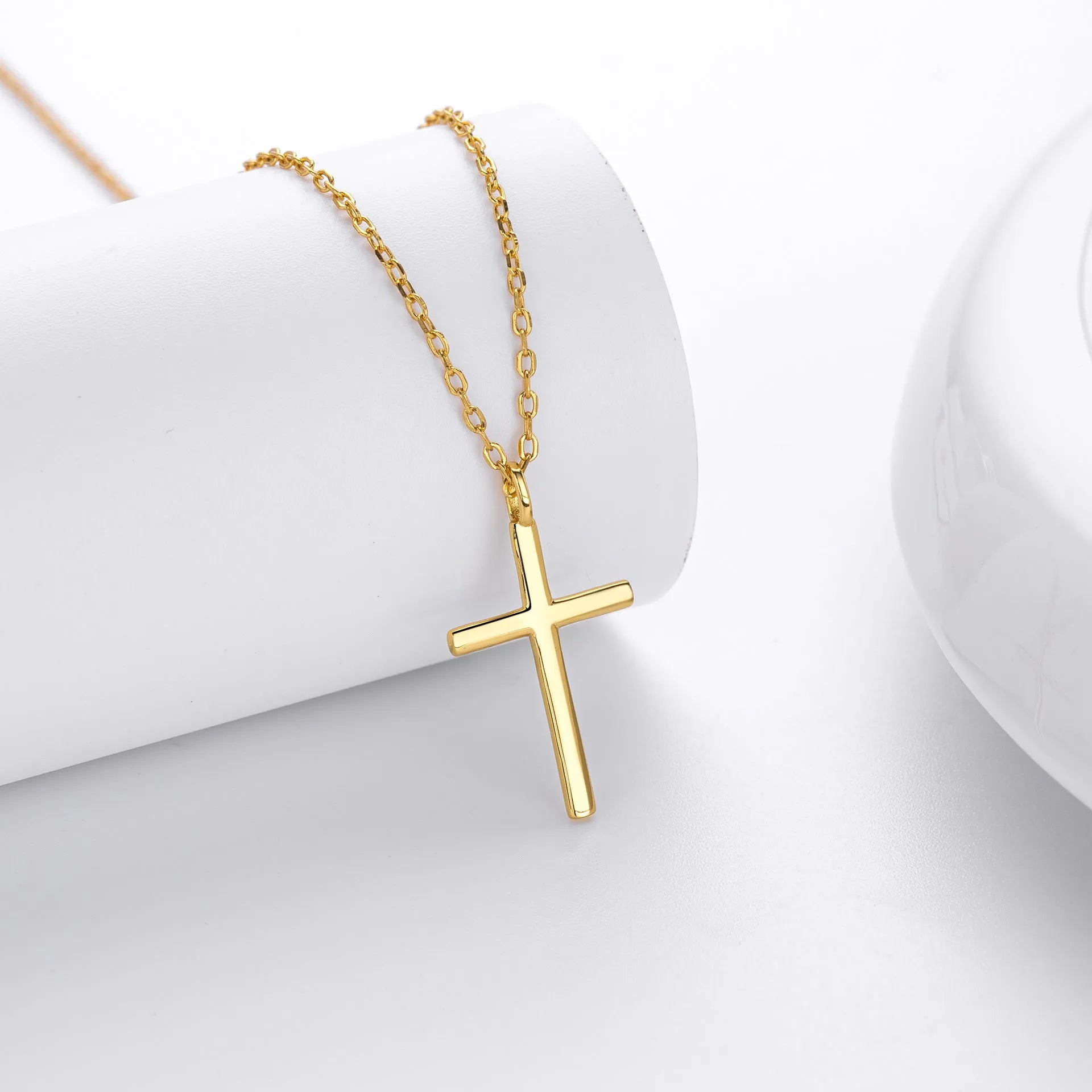 S925 sterling silver necklace with glossy cross pendant on O-shaped chain in gold, platinum or rose gold finish