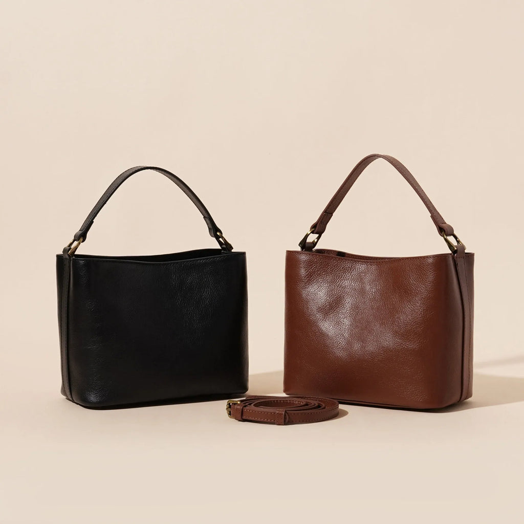 Sugar brown vintage-style women's shoulder handbag made from soft cowhide leather with visible stitching