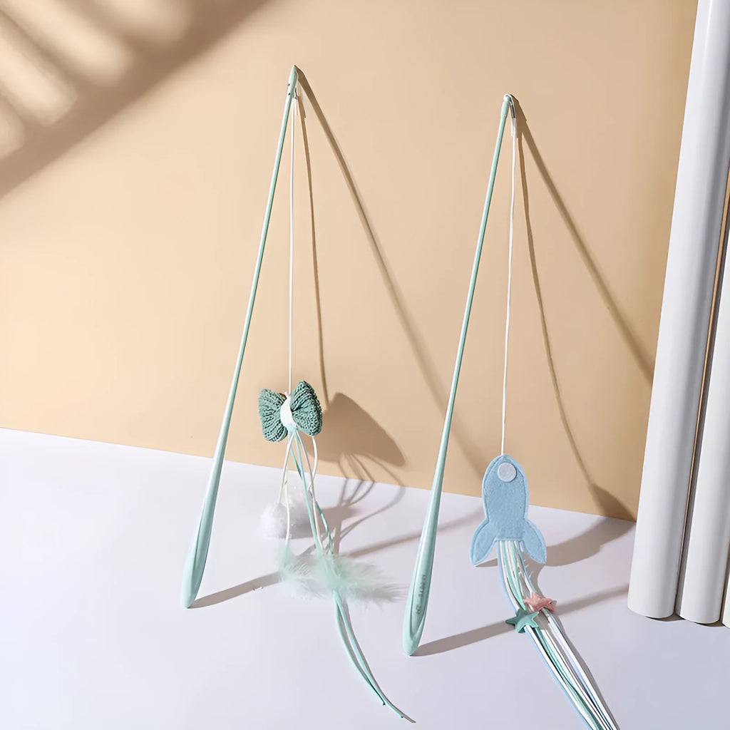 Long pole cat teaser toy with feather attachment and bite-resistant construction in blue colour